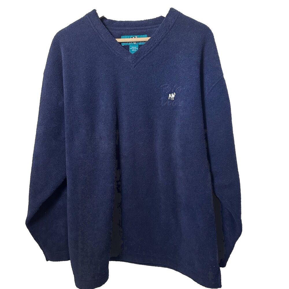 Big Dogs Pullover Fleece V Neck Blue Embroidered Sporty Warm Casual Lounge L